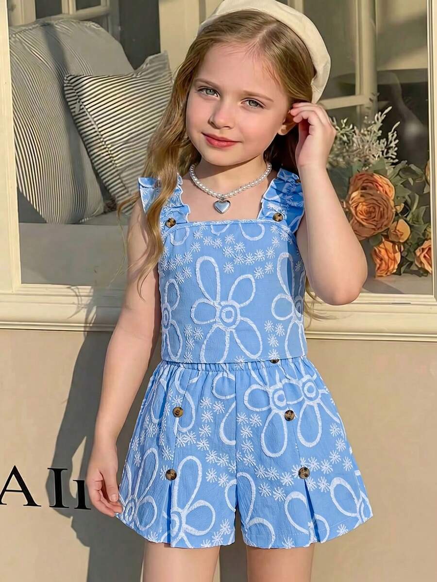 Apricot two-piece summer outfit for tween girls featuring a sleeveless pleated square-neck camisole top with button details and matching gathered shorts.