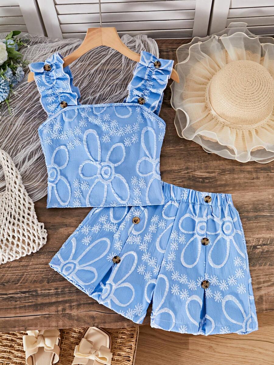 Apricot two-piece summer outfit for tween girls featuring a sleeveless pleated square-neck camisole top with button details and matching gathered shorts.