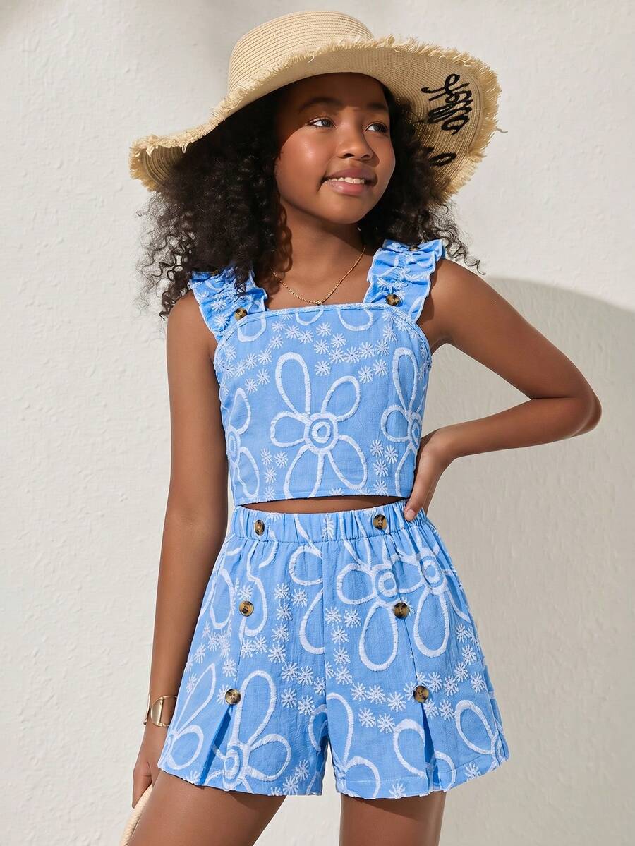 Apricot two-piece summer outfit for tween girls featuring a sleeveless pleated square-neck camisole top with button details and matching gathered shorts.