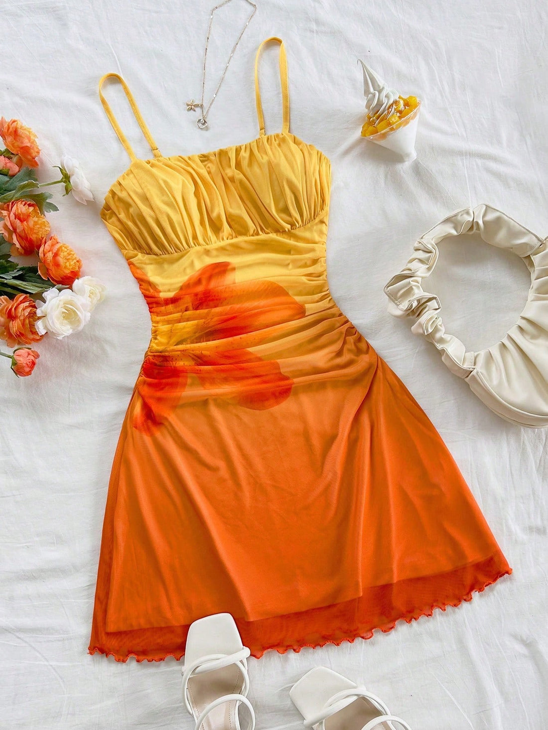 Multicolor tween girls sleeveless cami mini dress with spaghetti straps, ruched bust, shirred detail, high waist, flared hem, and zipper closure for vacation wear.