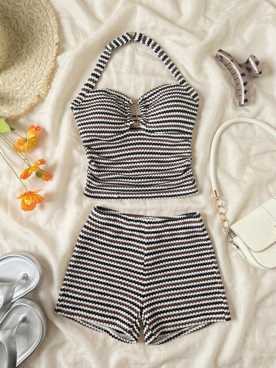 Tween girls black strapless tank top and shorts set with leopard print contrast waistband