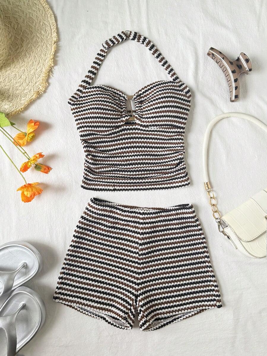 Tween girls black strapless tank top and shorts set with leopard print contrast waistband