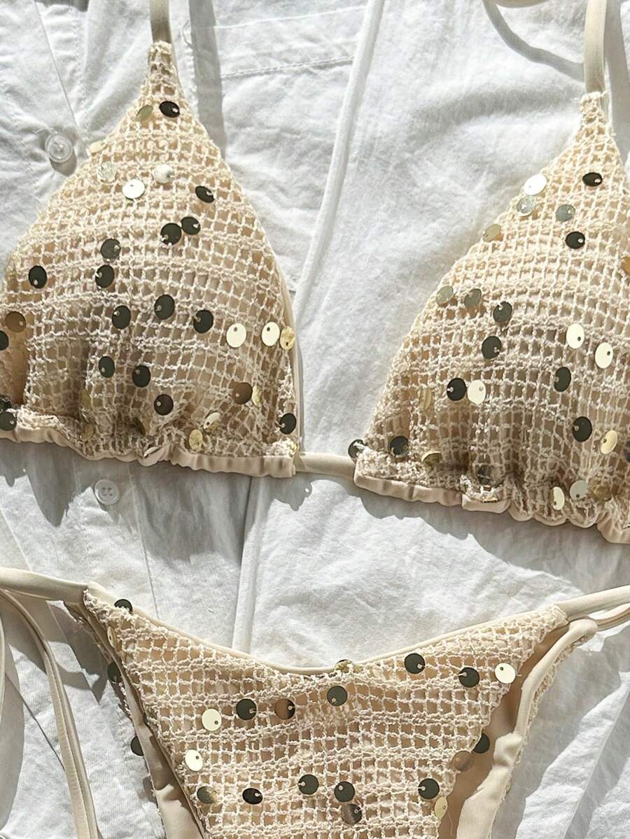 Women's sequin textured halter triangle bikini top and high-waist side tie bikini bottom swimsuit set