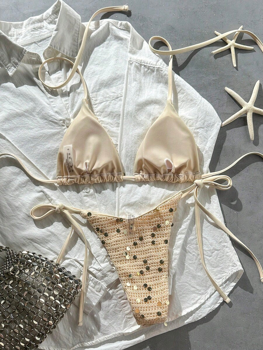 Women's sequin textured halter triangle bikini top and high-waist side tie bikini bottom swimsuit set