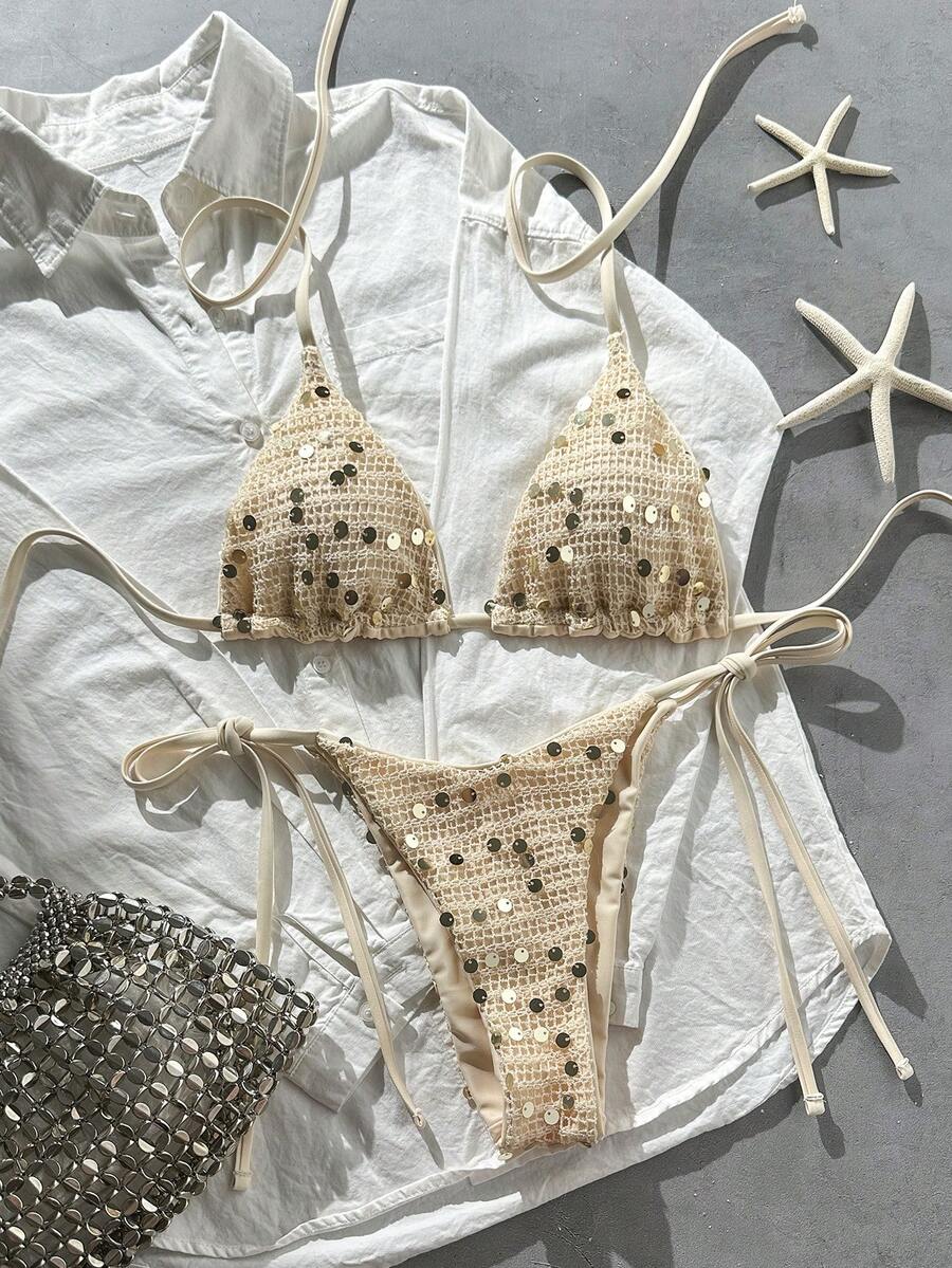 Women's sequin textured halter triangle bikini top and high-waist side tie bikini bottom swimsuit set
