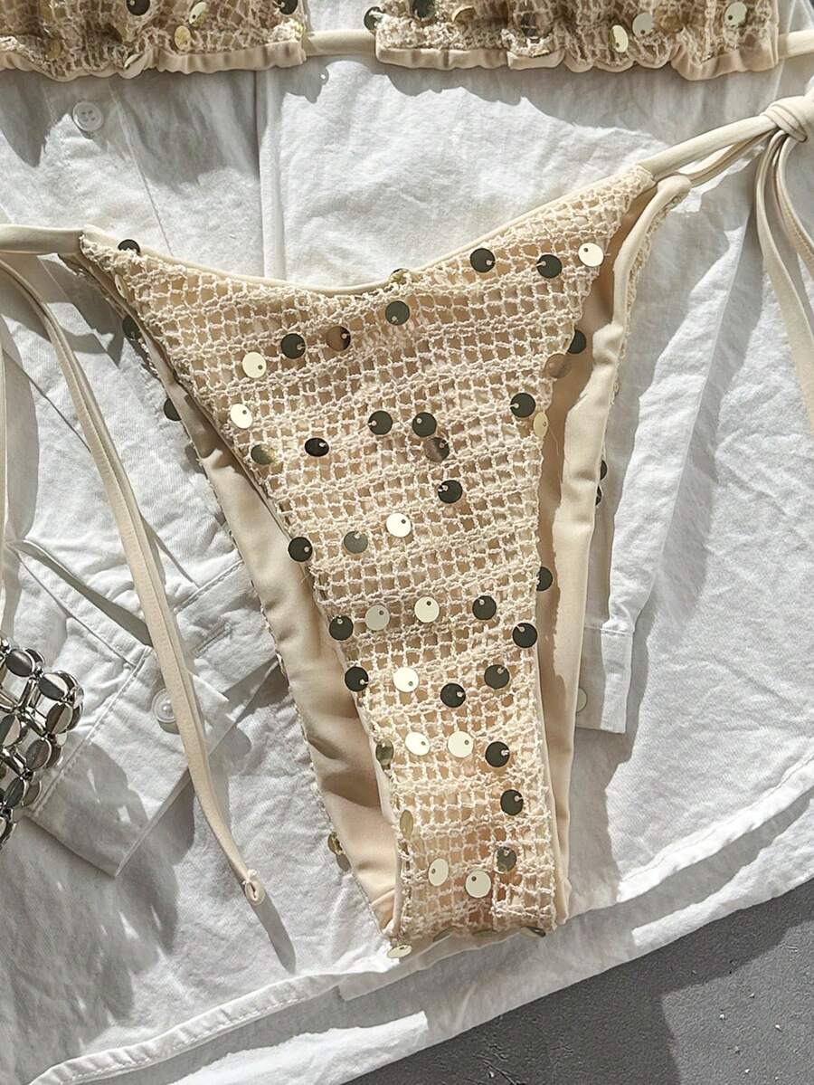 Women's sequin textured halter triangle bikini top and high-waist side tie bikini bottom swimsuit set