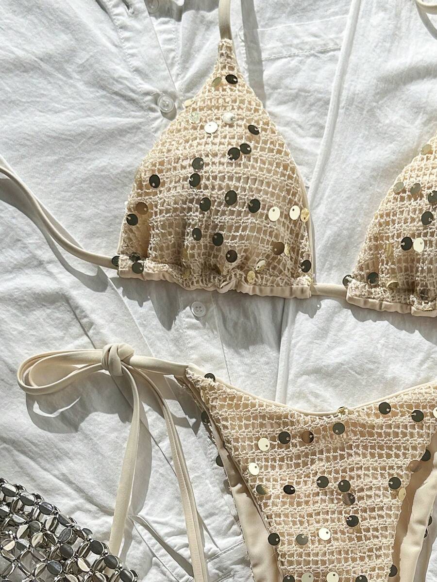 Women's sequin textured halter triangle bikini top and high-waist side tie bikini bottom swimsuit set