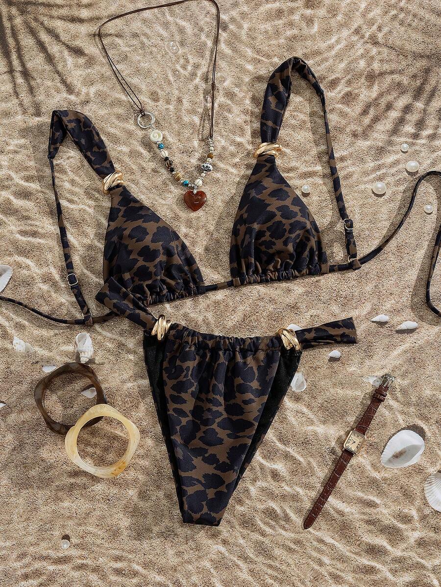Women's multicolor high waist bikini set with textured pattern, knot details, wireless triangle bra top, and high cut bottoms.