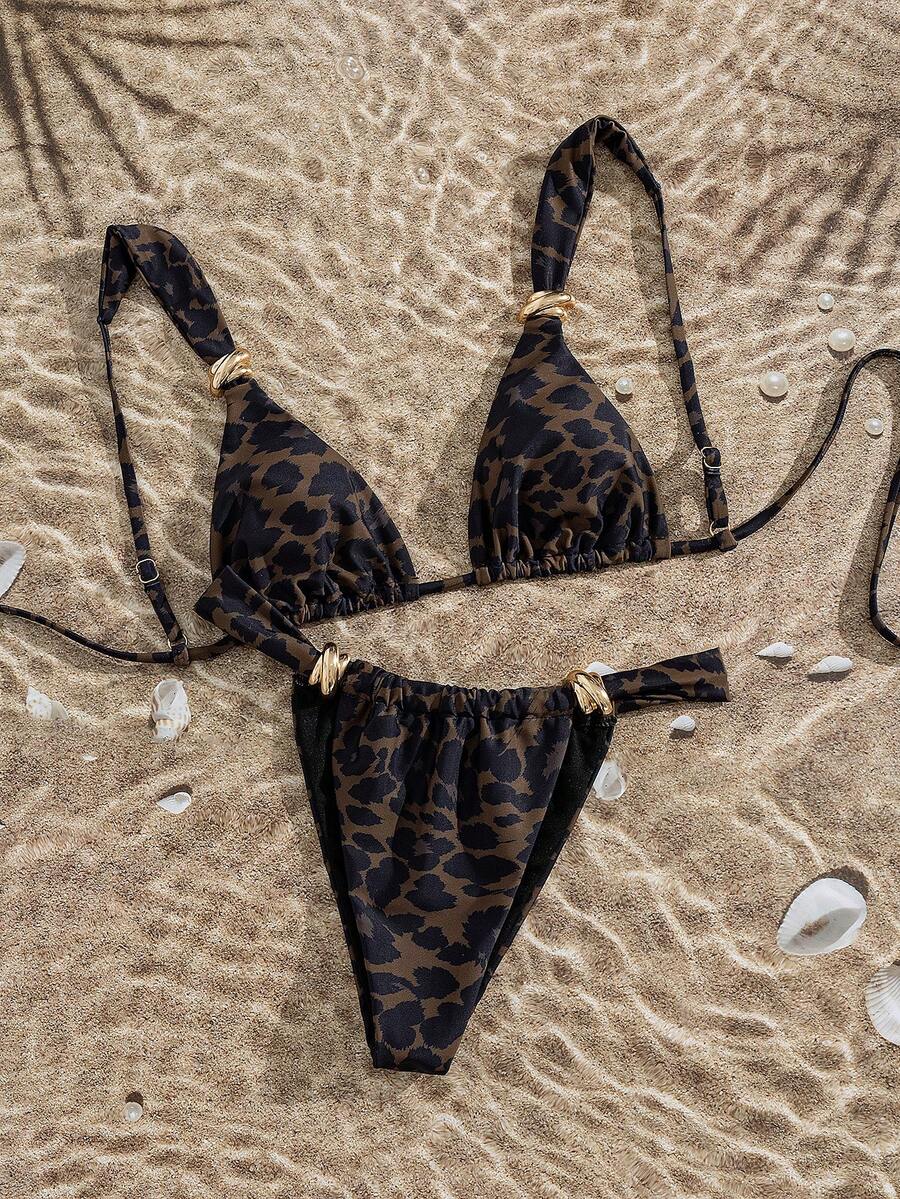 Women's multicolor high waist bikini set with textured pattern, knot details, wireless triangle bra top, and high cut bottoms.