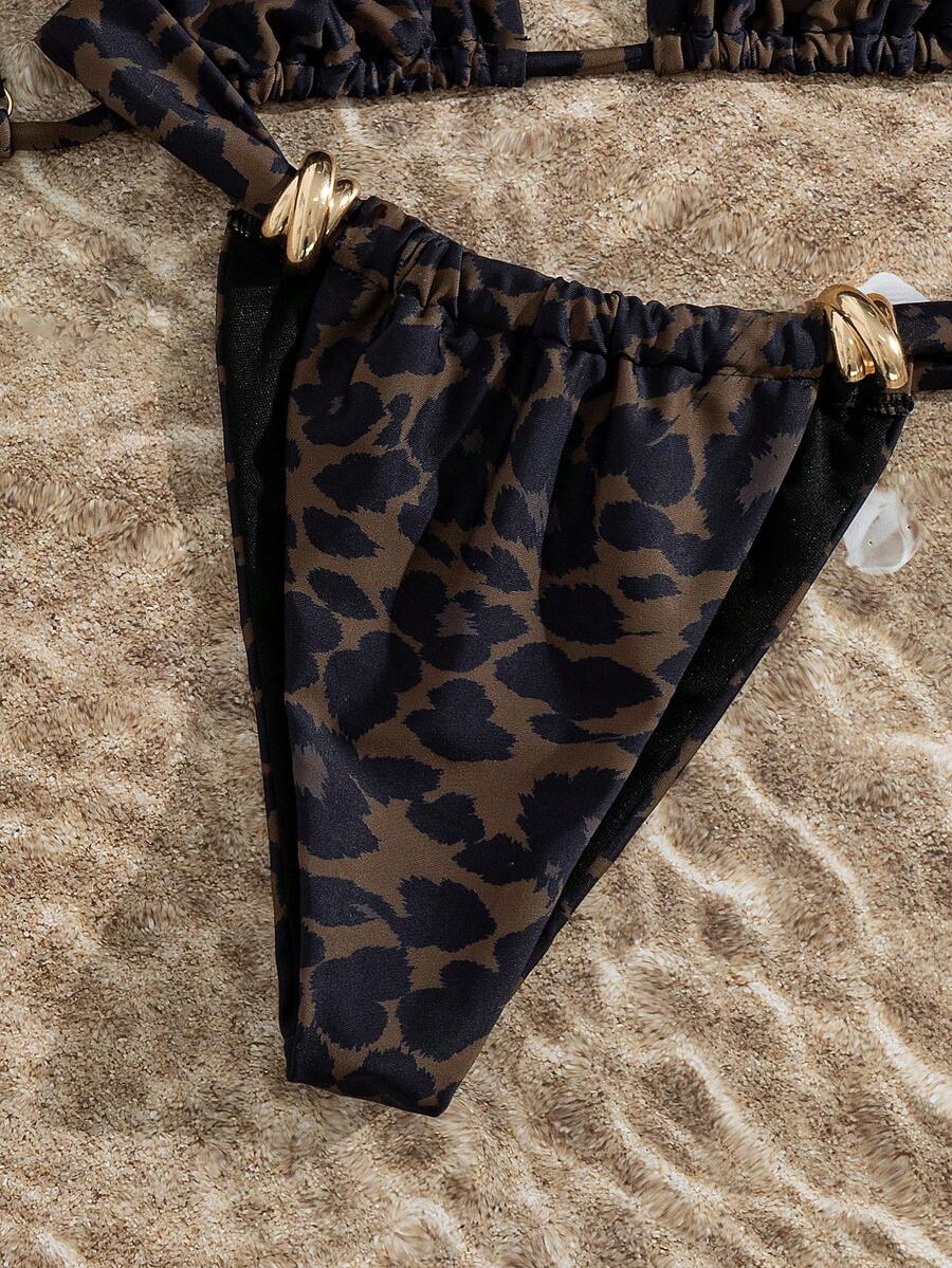 Women's multicolor high waist bikini set with textured pattern, knot details, wireless triangle bra top, and high cut bottoms.