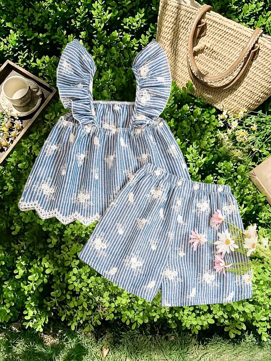 Tween girls 2-piece bohemian outfit set in apricot featuring a square neck embroidered sleeveless camisole top and matching floral wide leg shorts.
