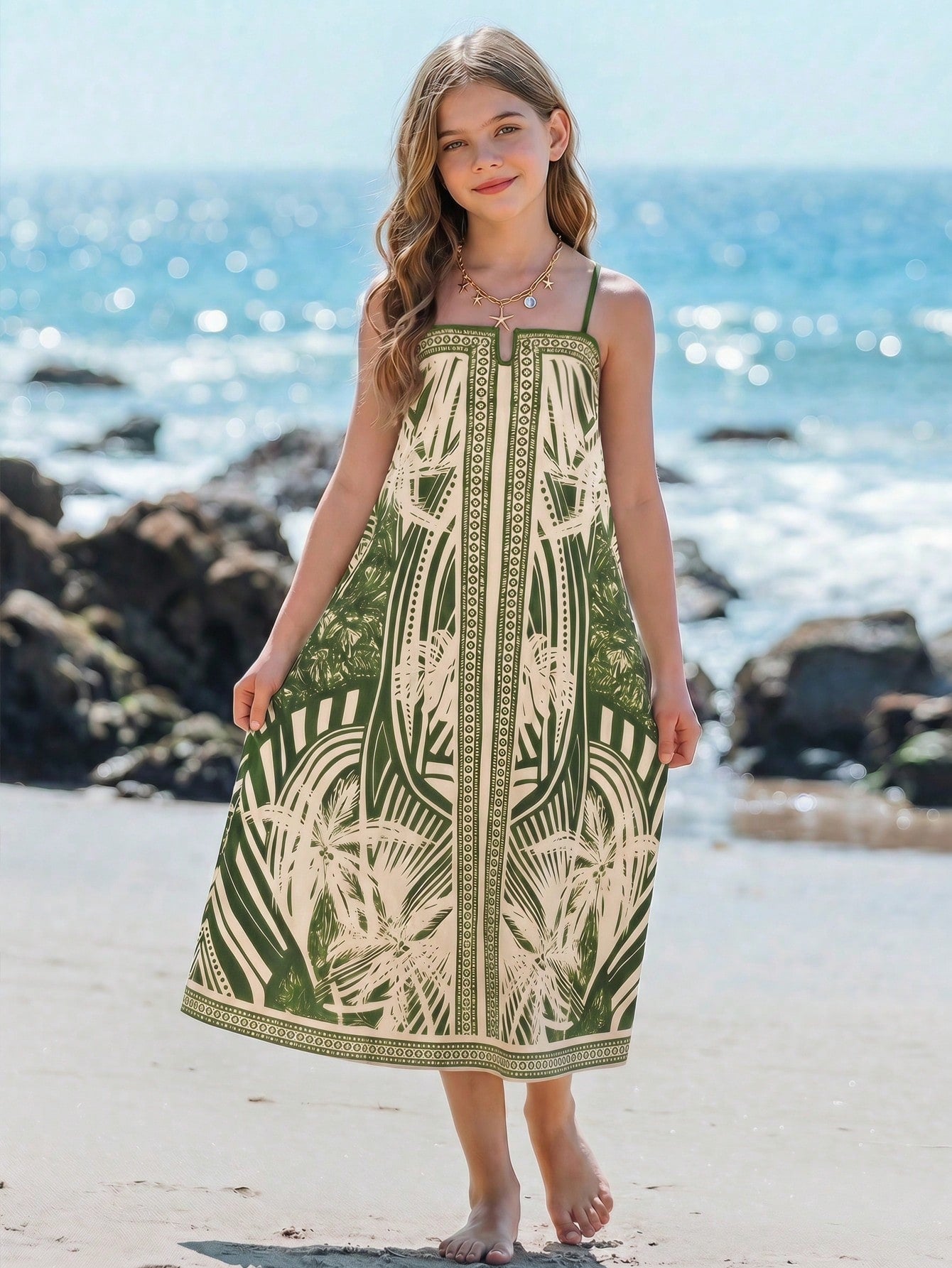 tween girls multicolor all-over printed spaghetti strap boho cami dress with sleeveless design, natural waist, flared hem, and long slim fit silhouette.