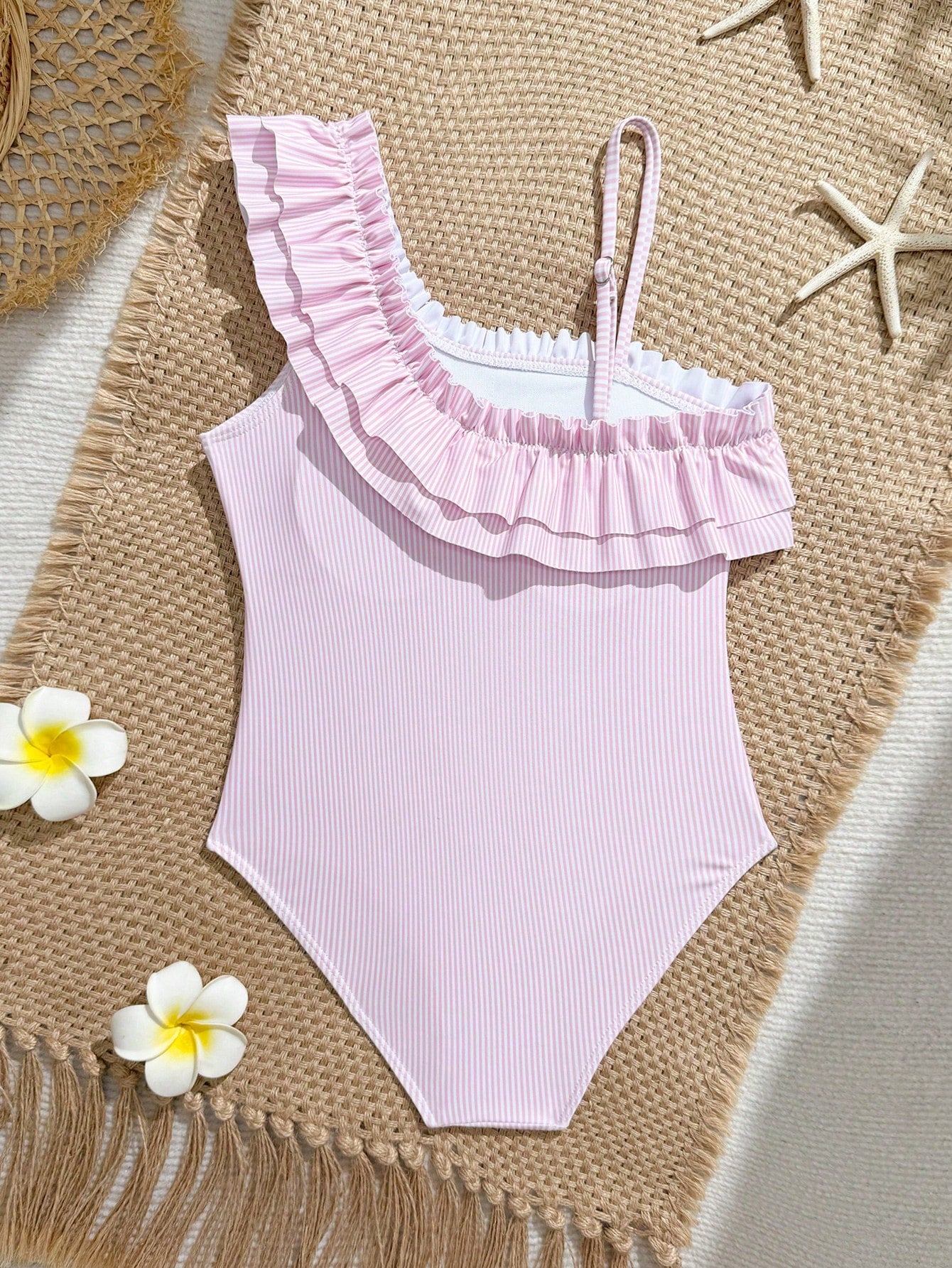 Tween Girls' Summer Pink & White Striped One-Shoulder Ruffle One-Piece Swimsuit, Pink & White Striped Fabric, One-Shoulder Ruffle Design, Fashionable Vacation Style, Suitable For Summer Beach Vacation, Swimming, Hot Springs, Summer