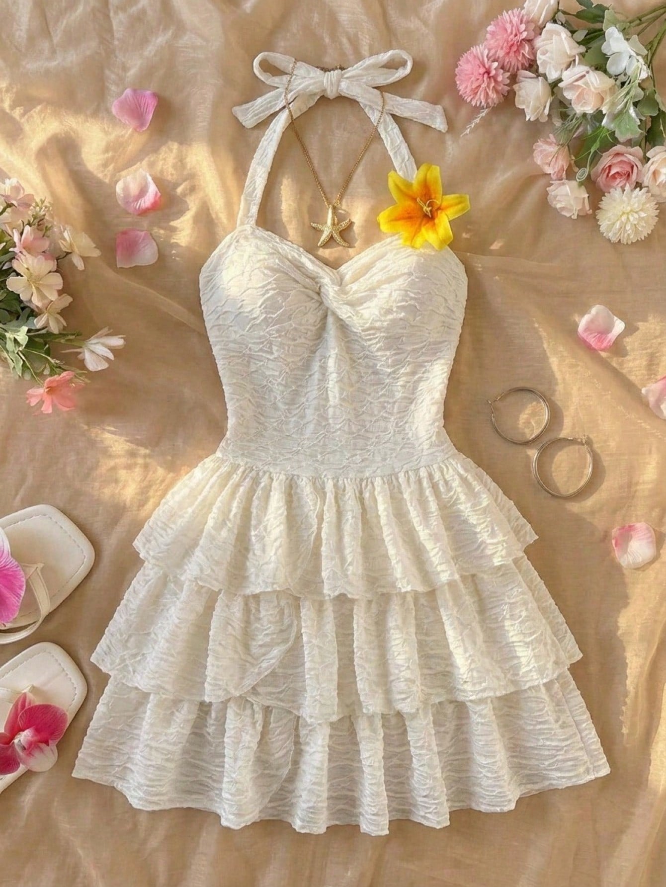 Beige tween girls halter dress with textured jacquard fabric, plant pattern, shirred detail, zipper closure, and layered tiered ruffle hem for vacation wear