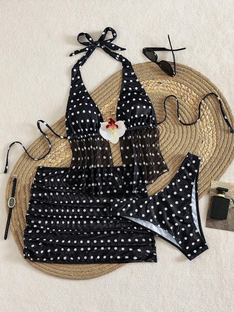 Women's 3-piece floral bikini set featuring a multicolor plant print halter top with 3D rose detail, matching bikini bottoms, and short skirt cover-up
