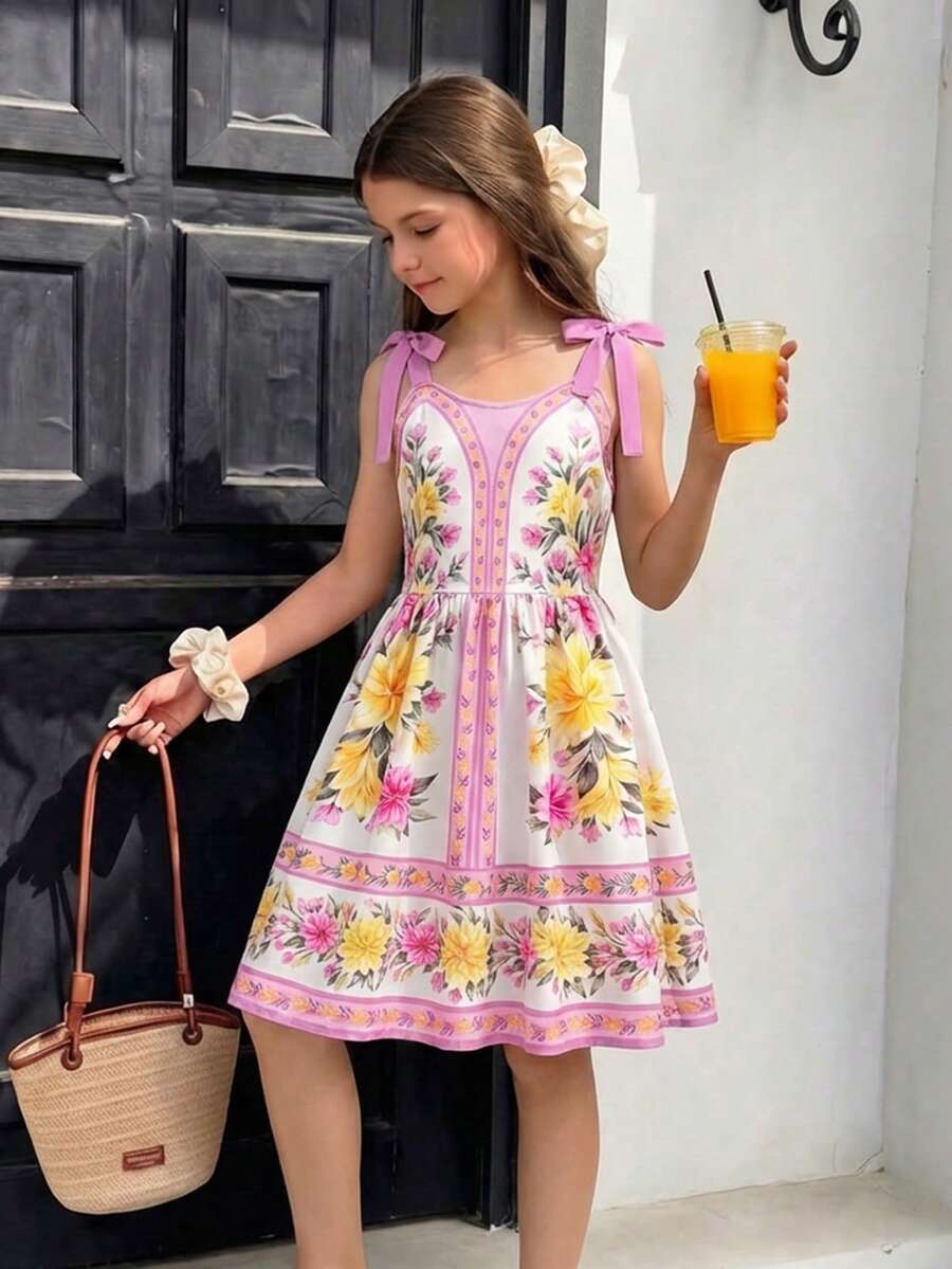 Tween girl blue plant print spaghetti strap cami dress with shirred high waist and flounce ruffled hem