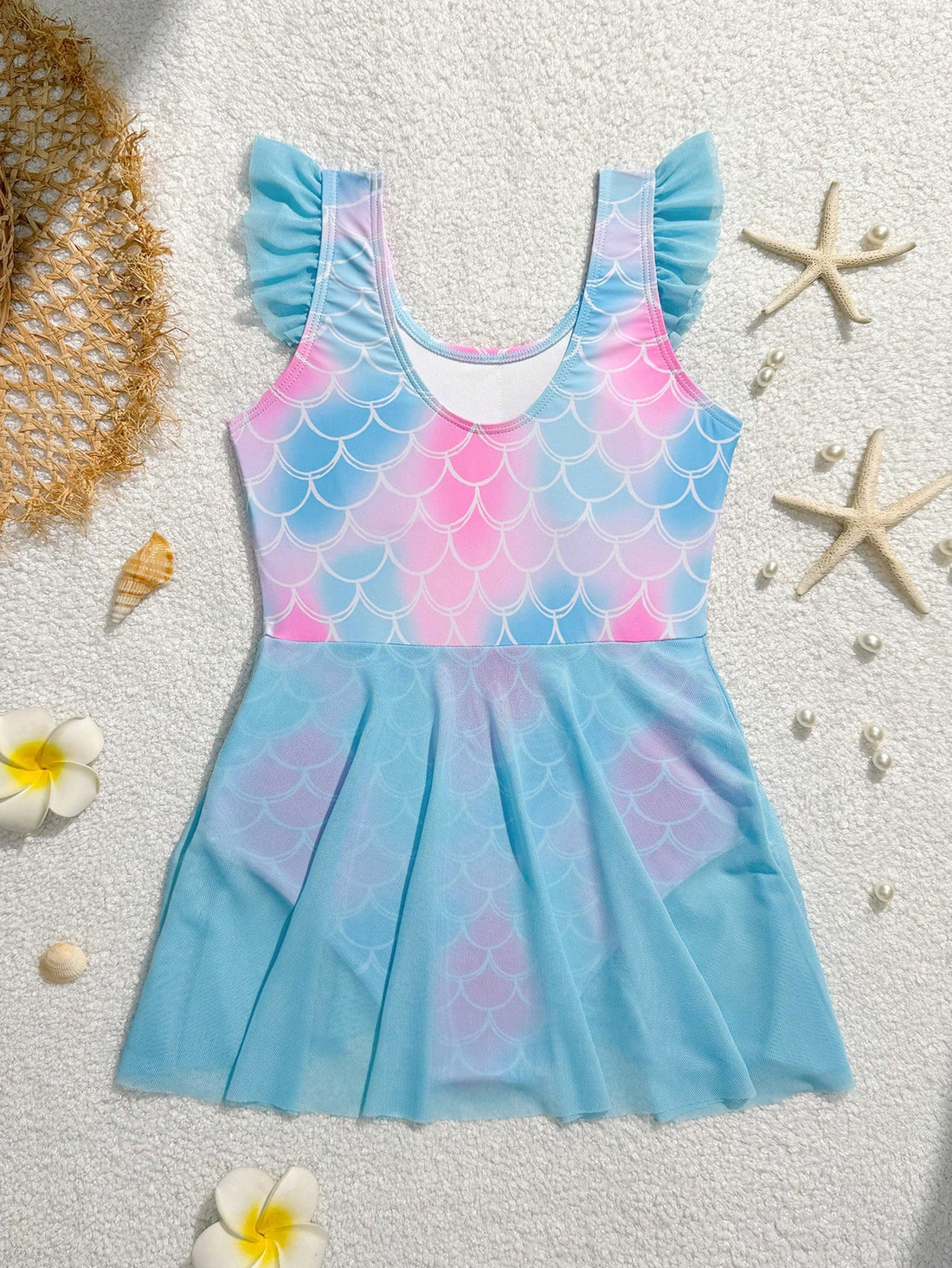 Tween girl one-piece swimsuit with multicolor fish scale graphic print, ruffle details, contrast mesh, round neck, and skirt bottom for beach or pool wear