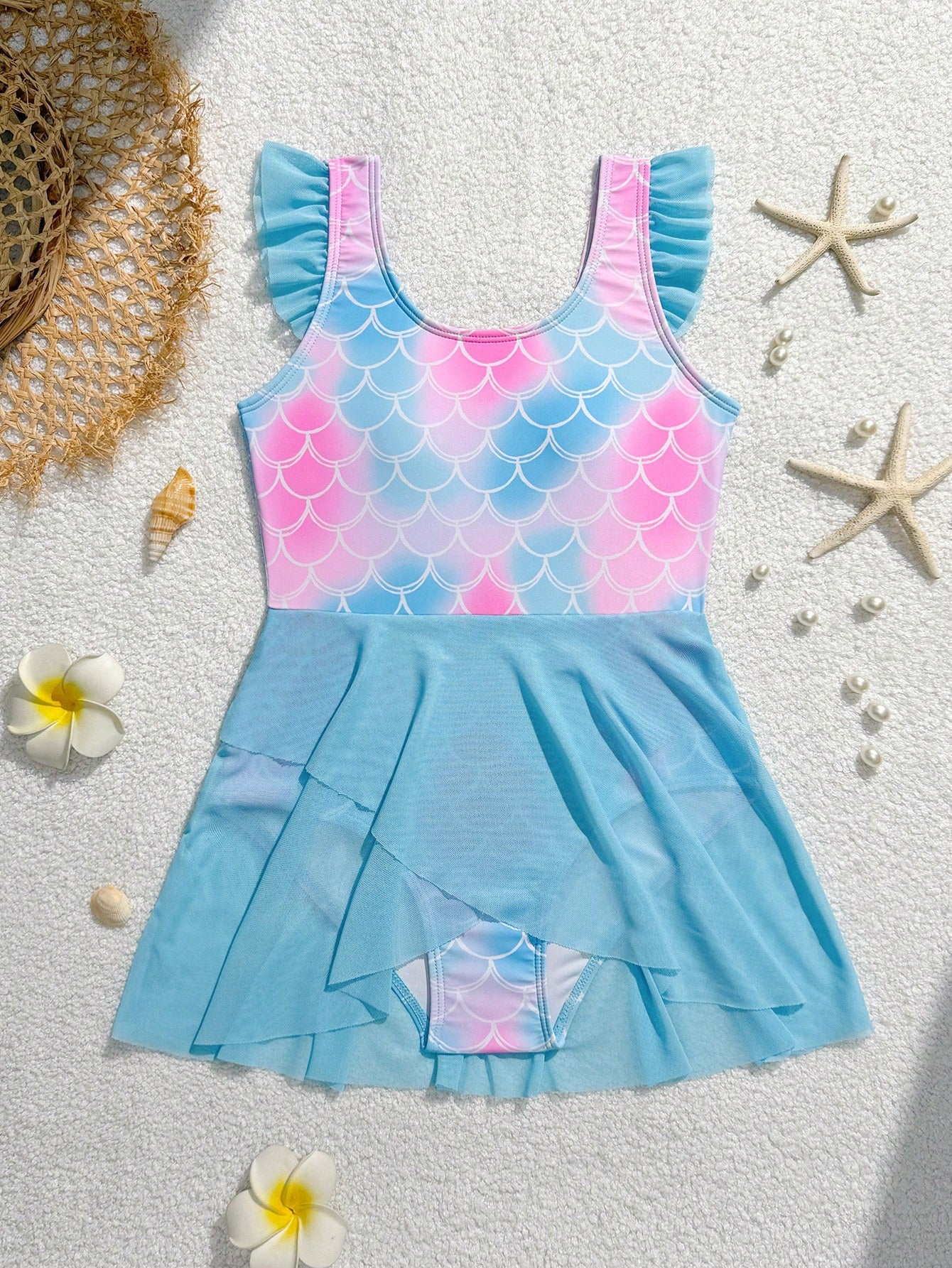 Tween girl one-piece swimsuit with multicolor fish scale graphic print, ruffle details, contrast mesh, round neck, and skirt bottom for beach or pool wear