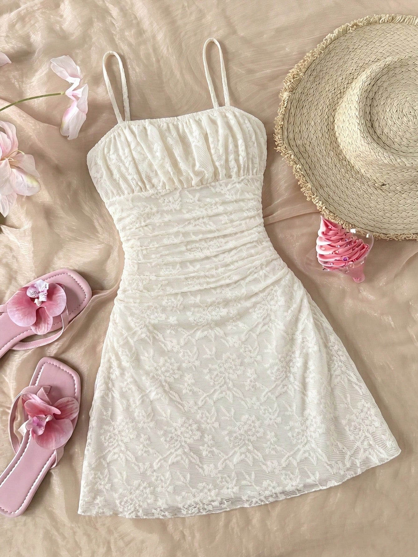 Apricot tween girls sleeveless halter cami dress with appliques, bow front, zipper detail, high waist, flared hem, and short slim fit design.