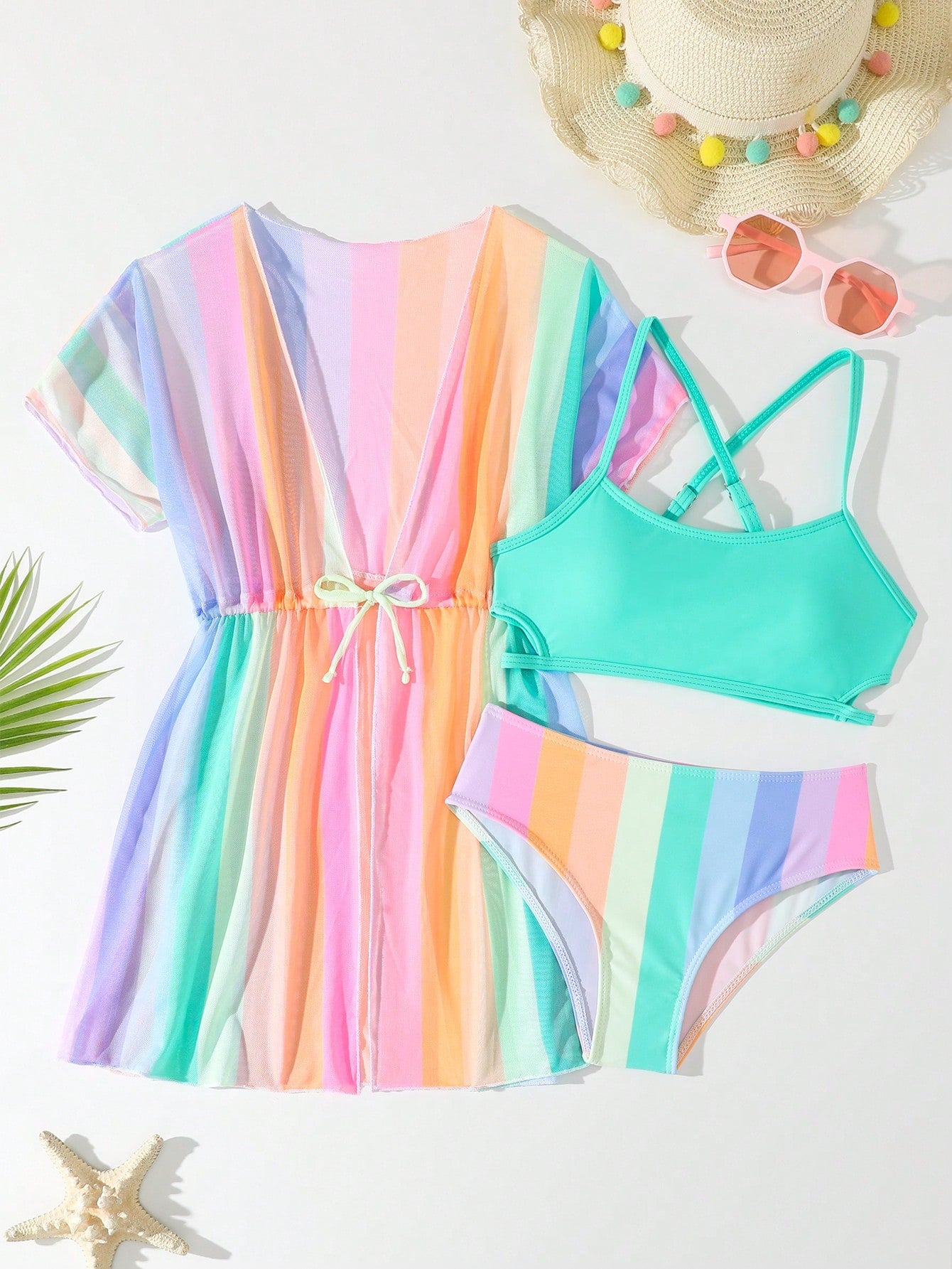 Tween girls 3-piece striped swimwear set featuring a tankini top, mid-waist bikini bottoms with a drawstring waist, and a matching kimono cover-up for beach or vacation wear.