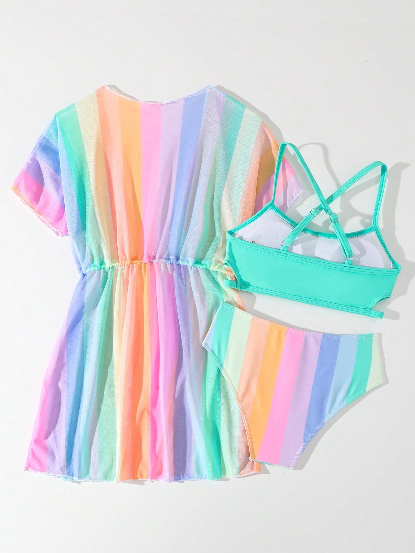 Tween girls 3-piece striped swimwear set featuring a tankini top, mid-waist bikini bottoms with a drawstring waist, and a matching kimono cover-up for beach or vacation wear.