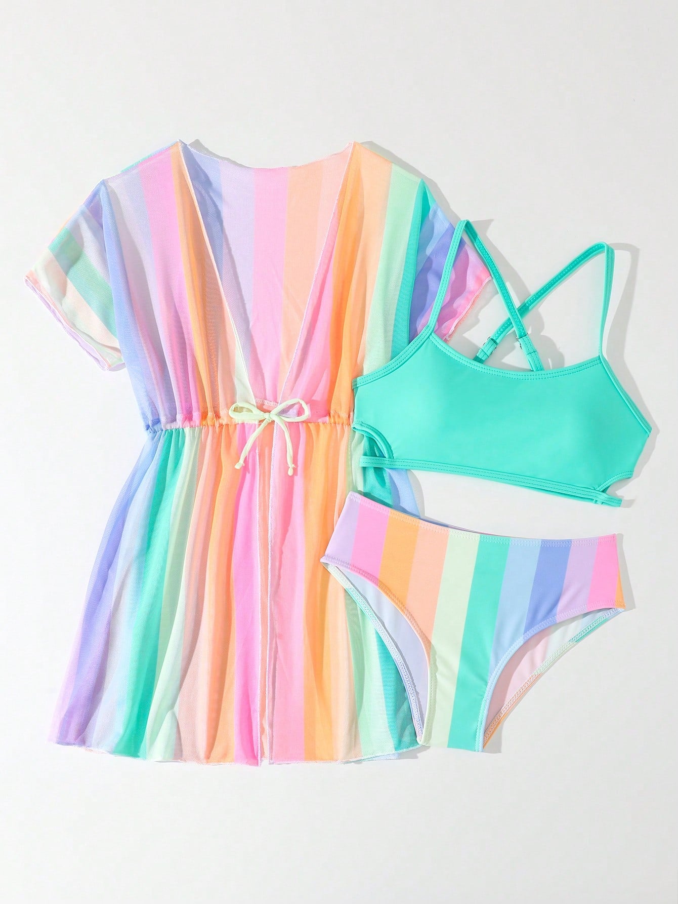 Tween girls 3-piece striped swimwear set featuring a tankini top, mid-waist bikini bottoms with a drawstring waist, and a matching kimono cover-up for beach or vacation wear.