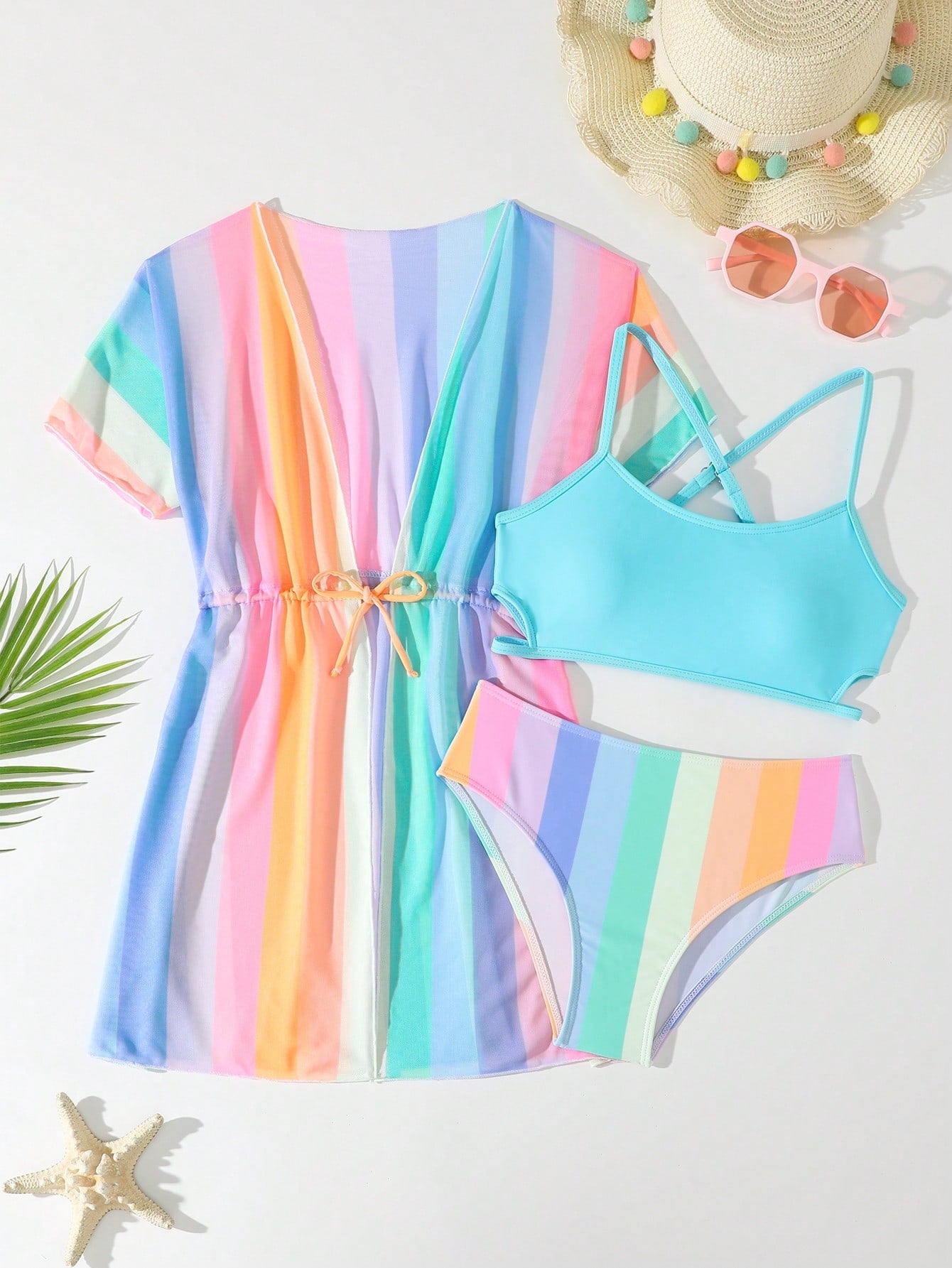 Tween girls 3-piece striped swimwear set featuring a tankini top, mid-waist bikini bottoms with a drawstring waist, and a matching kimono cover-up for beach or vacation wear.