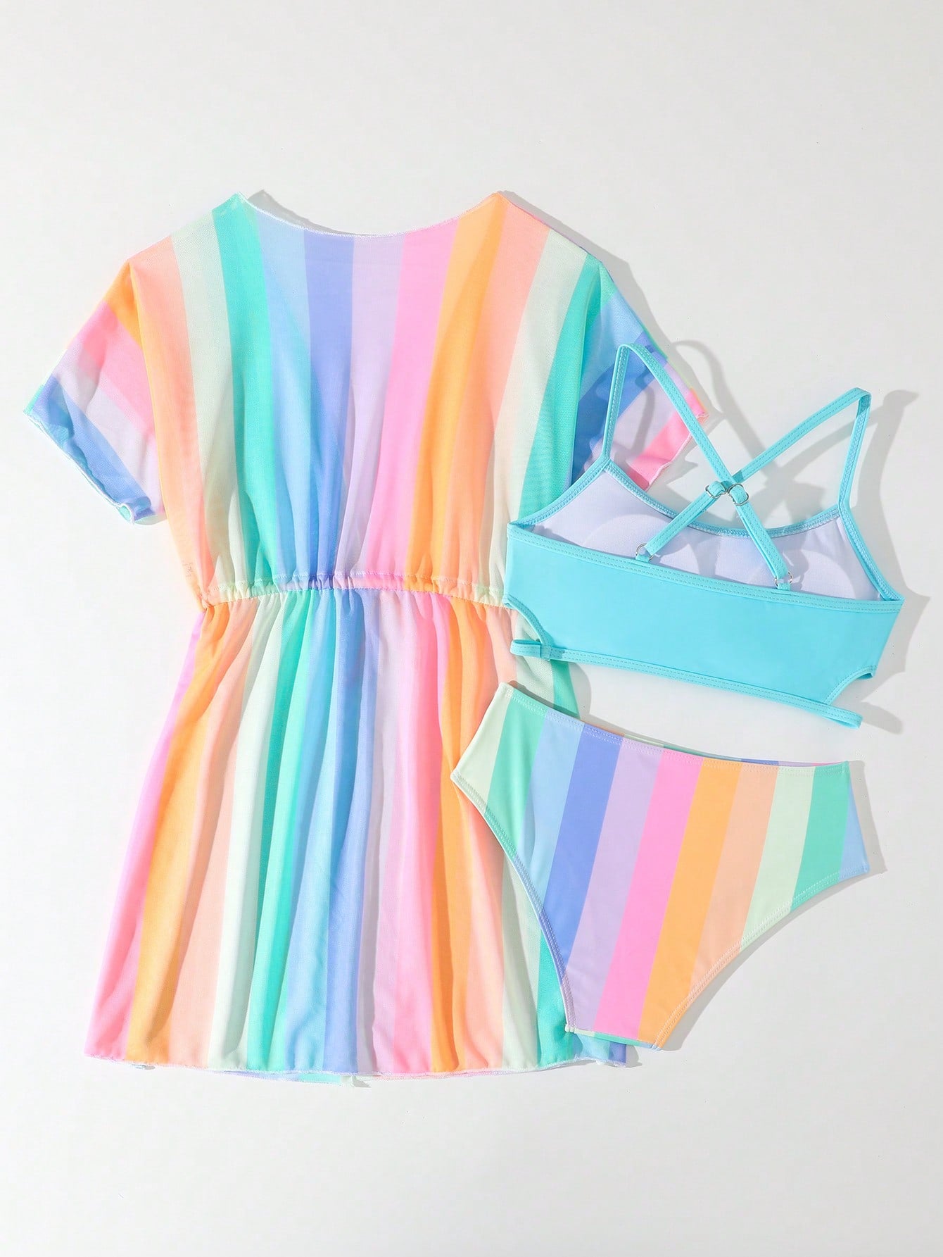 Tween girls 3-piece striped swimwear set featuring a tankini top, mid-waist bikini bottoms with a drawstring waist, and a matching kimono cover-up for beach or vacation wear.