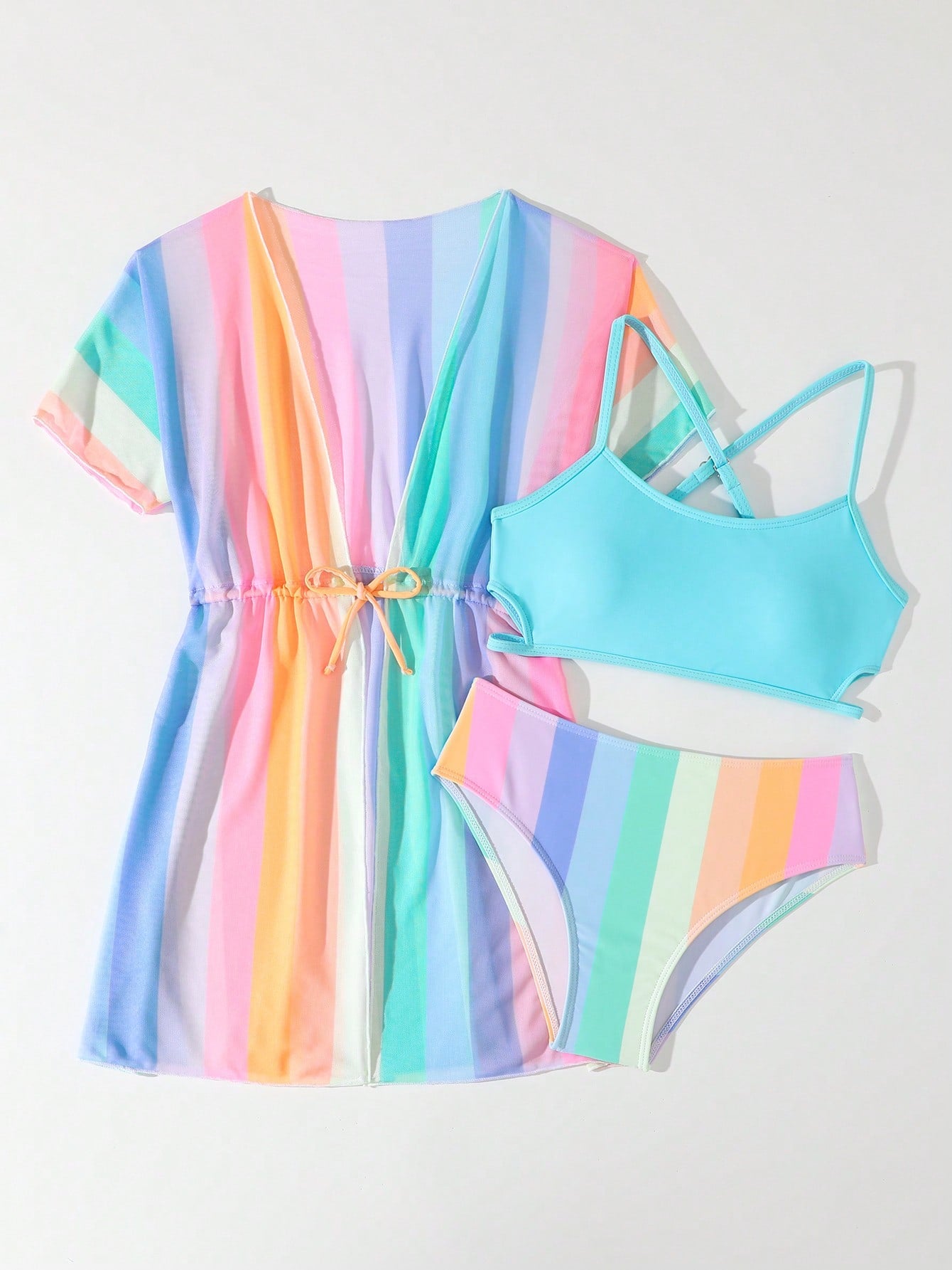 Tween girls 3-piece striped swimwear set featuring a tankini top, mid-waist bikini bottoms with a drawstring waist, and a matching kimono cover-up for beach or vacation wear.