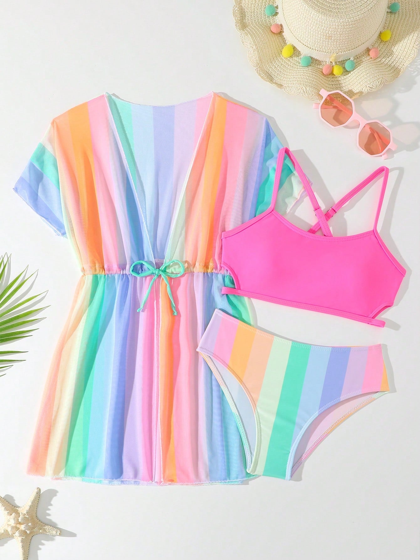 Tween girls 3-piece striped swimwear set featuring a tankini top, mid-waist bikini bottoms with a drawstring waist, and a matching kimono cover-up for beach or vacation wear.