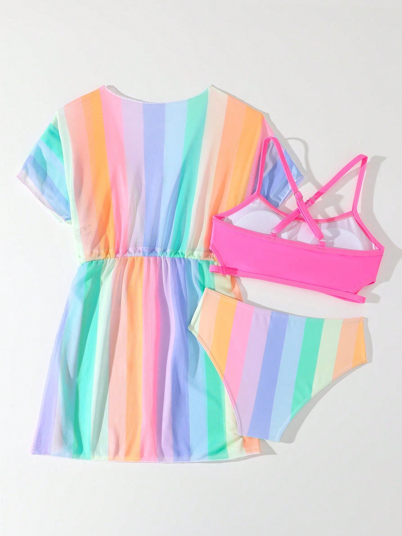 Tween girls 3-piece striped swimwear set featuring a tankini top, mid-waist bikini bottoms with a drawstring waist, and a matching kimono cover-up for beach or vacation wear.