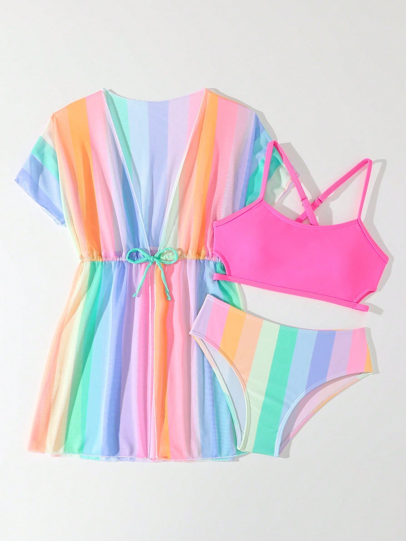 Tween girls 3-piece striped swimwear set featuring a tankini top, mid-waist bikini bottoms with a drawstring waist, and a matching kimono cover-up for beach or vacation wear.