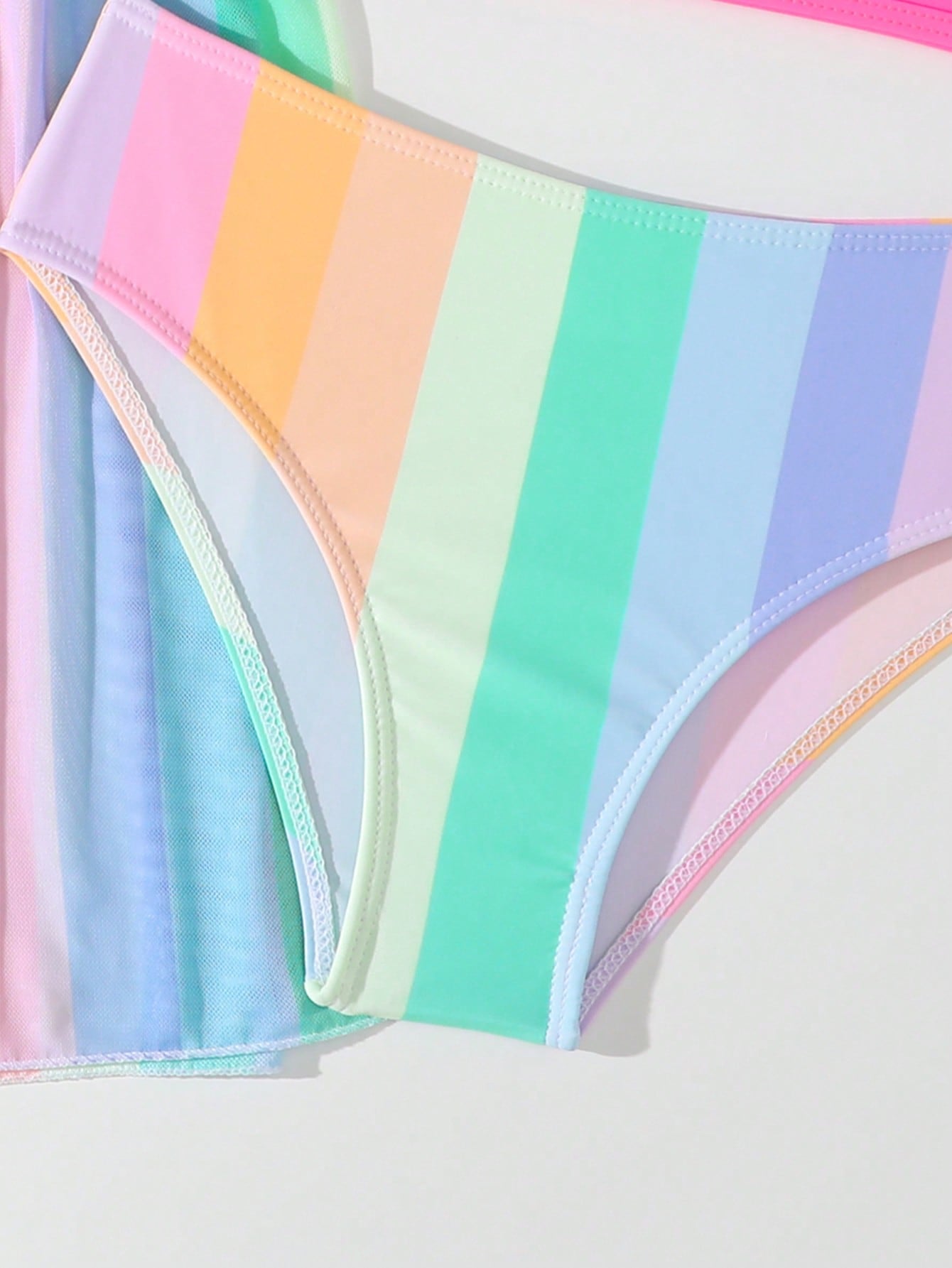 Tween girls 3-piece striped swimwear set featuring a tankini top, mid-waist bikini bottoms with a drawstring waist, and a matching kimono cover-up for beach or vacation wear.