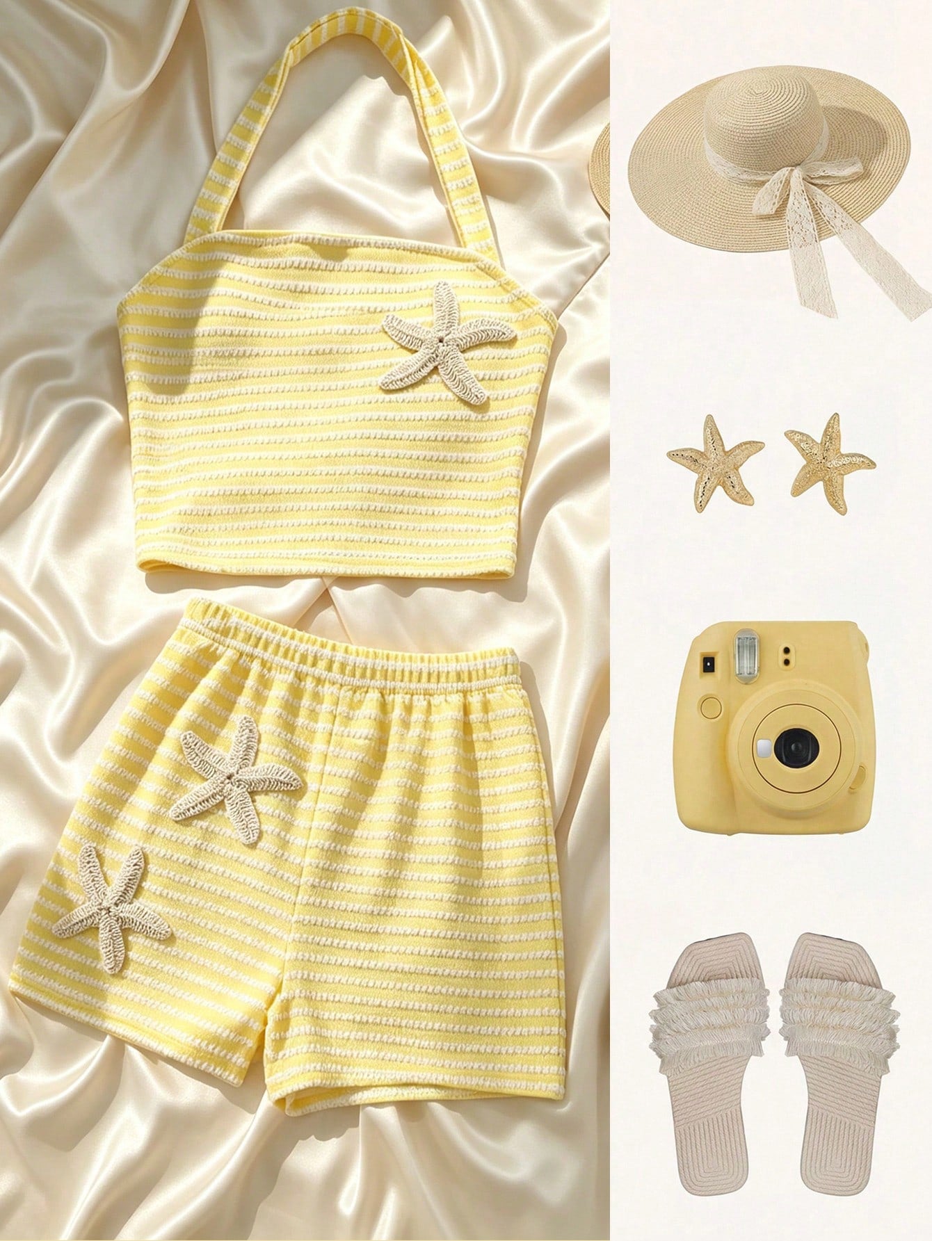 Tween girls black and white striped two-piece set featuring a spaghetti strap micro crop tank top with lettuce trim and ruffle hem paired with matching slim fit shorts.