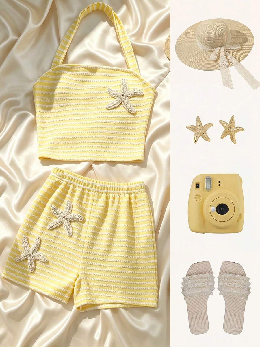 Tween girls black and white striped two-piece set featuring a spaghetti strap micro crop tank top with lettuce trim and ruffle hem paired with matching slim fit shorts.