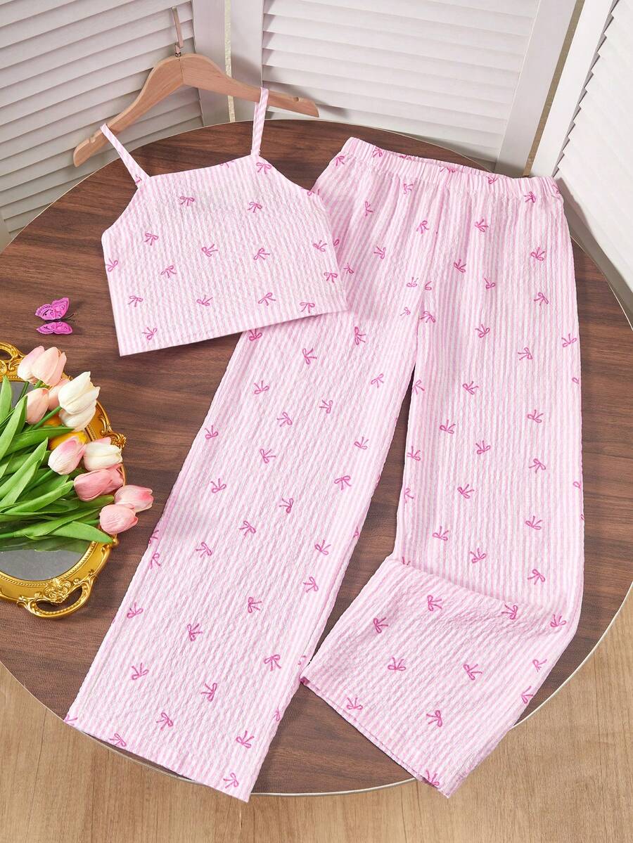 Tween girls casual 2-piece set featuring an apricot woven camisole crop top with back shirring and matching high-waisted loose long pants.