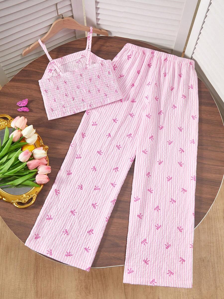 Tween girls casual 2-piece set featuring an apricot woven camisole crop top with back shirring and matching high-waisted loose long pants.