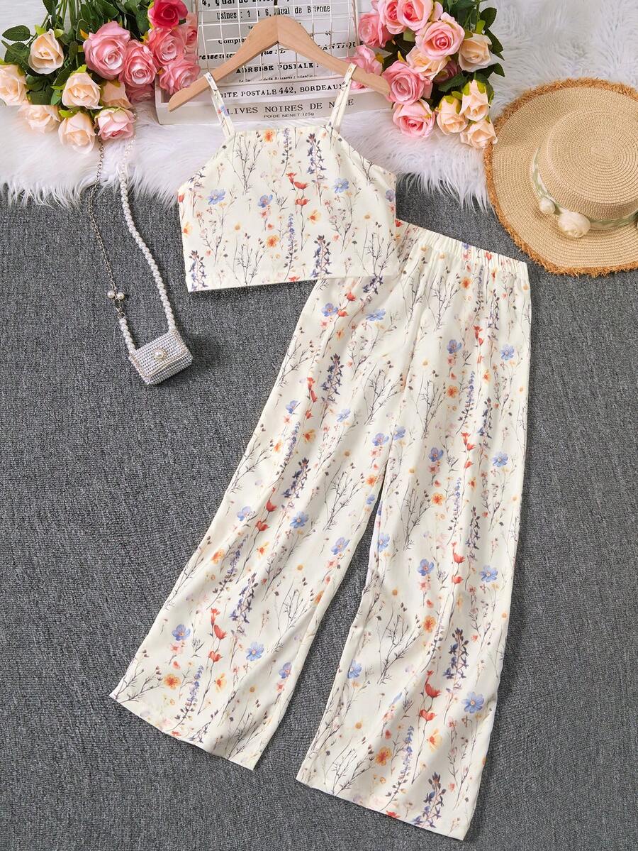 Tween girls casual 2-piece set featuring an apricot woven camisole crop top with back shirring and matching high-waisted loose long pants.