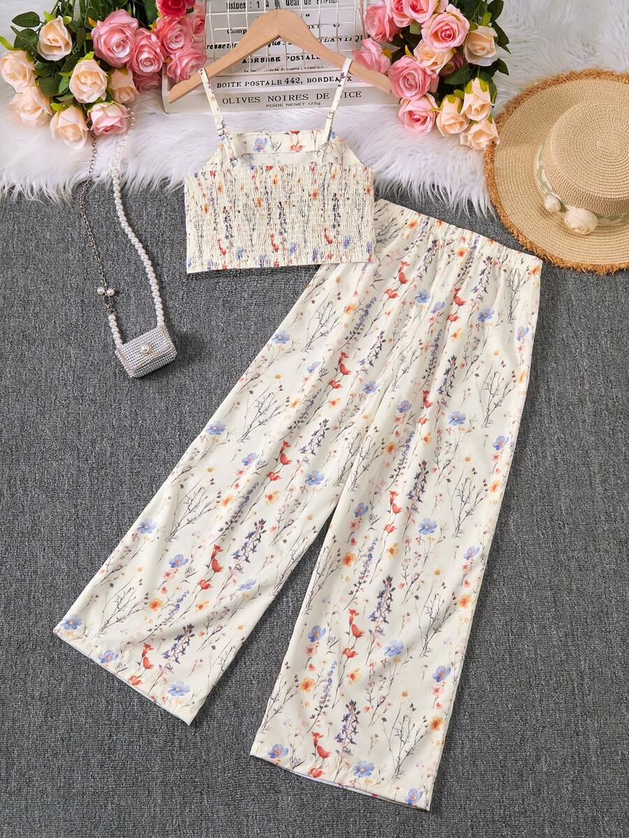 Tween girls casual 2-piece set featuring an apricot woven camisole crop top with back shirring and matching high-waisted loose long pants.