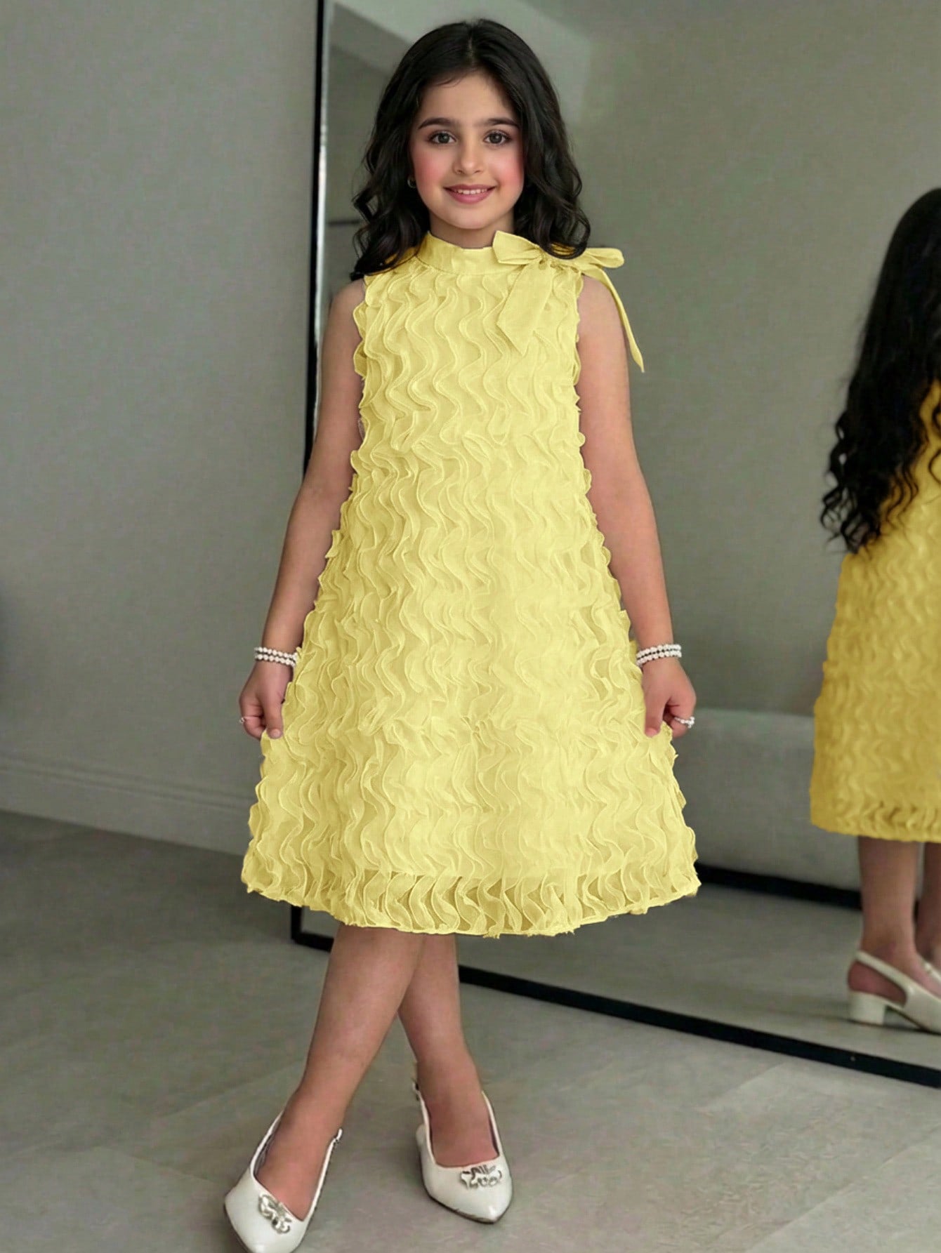 Apricot sleeveless embroidery mesh tunic princess dress for tween girls featuring appliques, stand collar, zipper closure, and short straight hem.