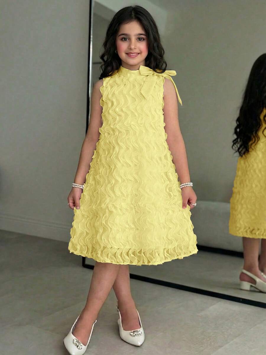 Apricot sleeveless embroidery mesh tunic princess dress for tween girls featuring appliques, stand collar, zipper closure, and short straight hem.