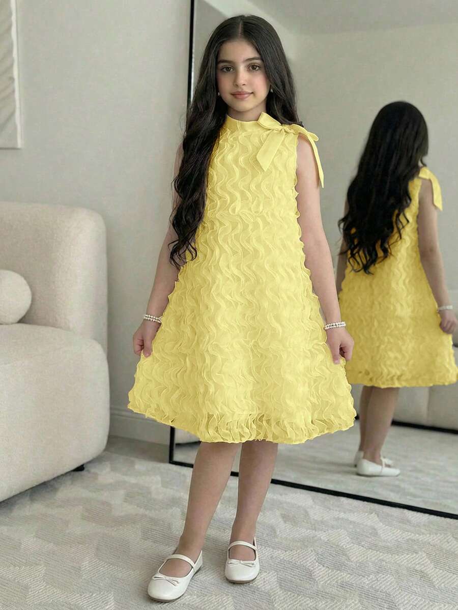 Apricot sleeveless embroidery mesh tunic princess dress for tween girls featuring appliques, stand collar, zipper closure, and short straight hem.