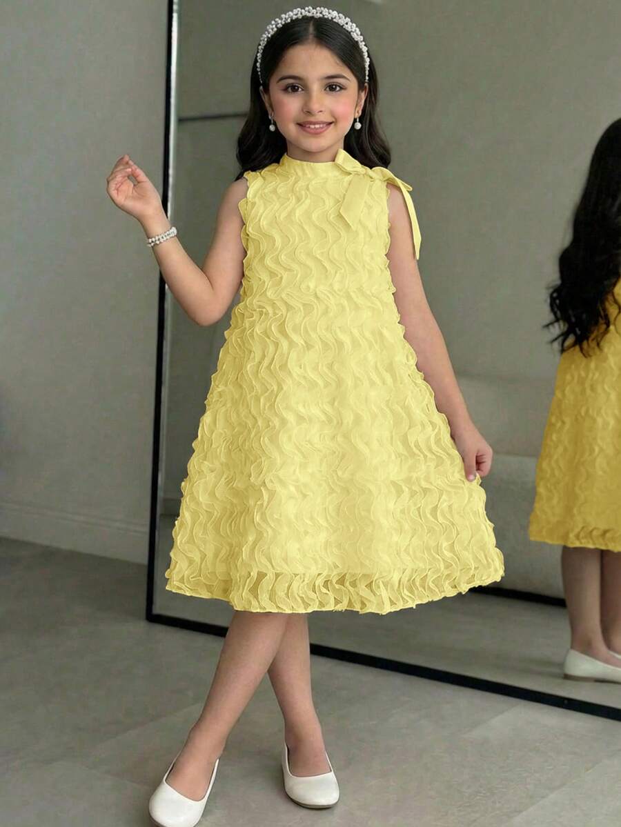 Apricot sleeveless embroidery mesh tunic princess dress for tween girls featuring appliques, stand collar, zipper closure, and short straight hem.
