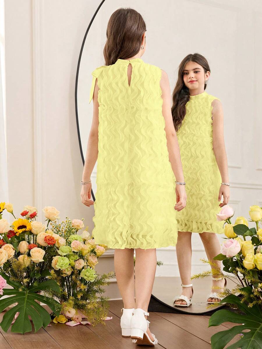 Apricot sleeveless embroidery mesh tunic princess dress for tween girls featuring appliques, stand collar, zipper closure, and short straight hem.