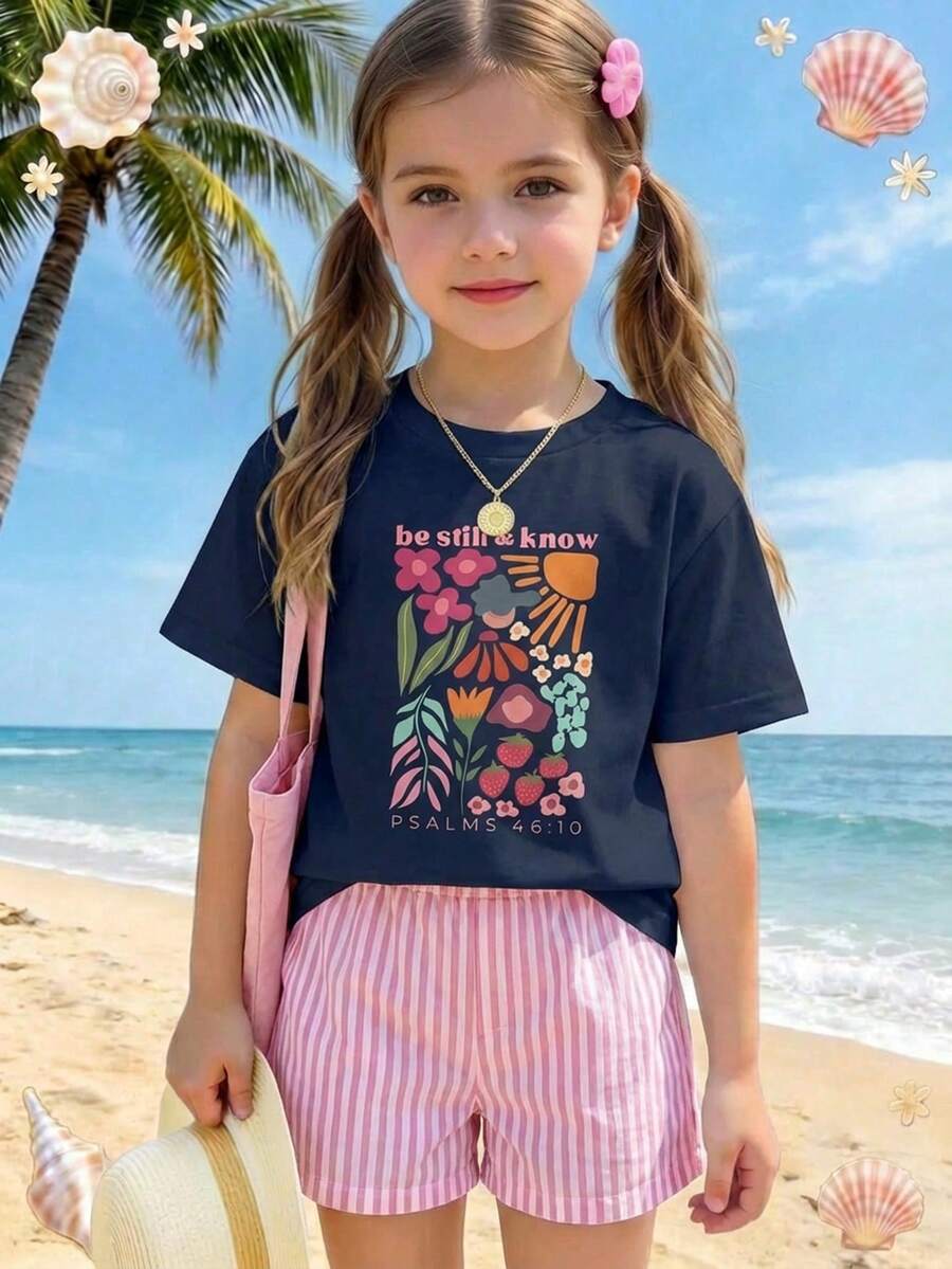 Tween girl wearing a black and white striped drop-shoulder crew neck t-shirt with bow embroidery paired with matching tie-waist shorts.