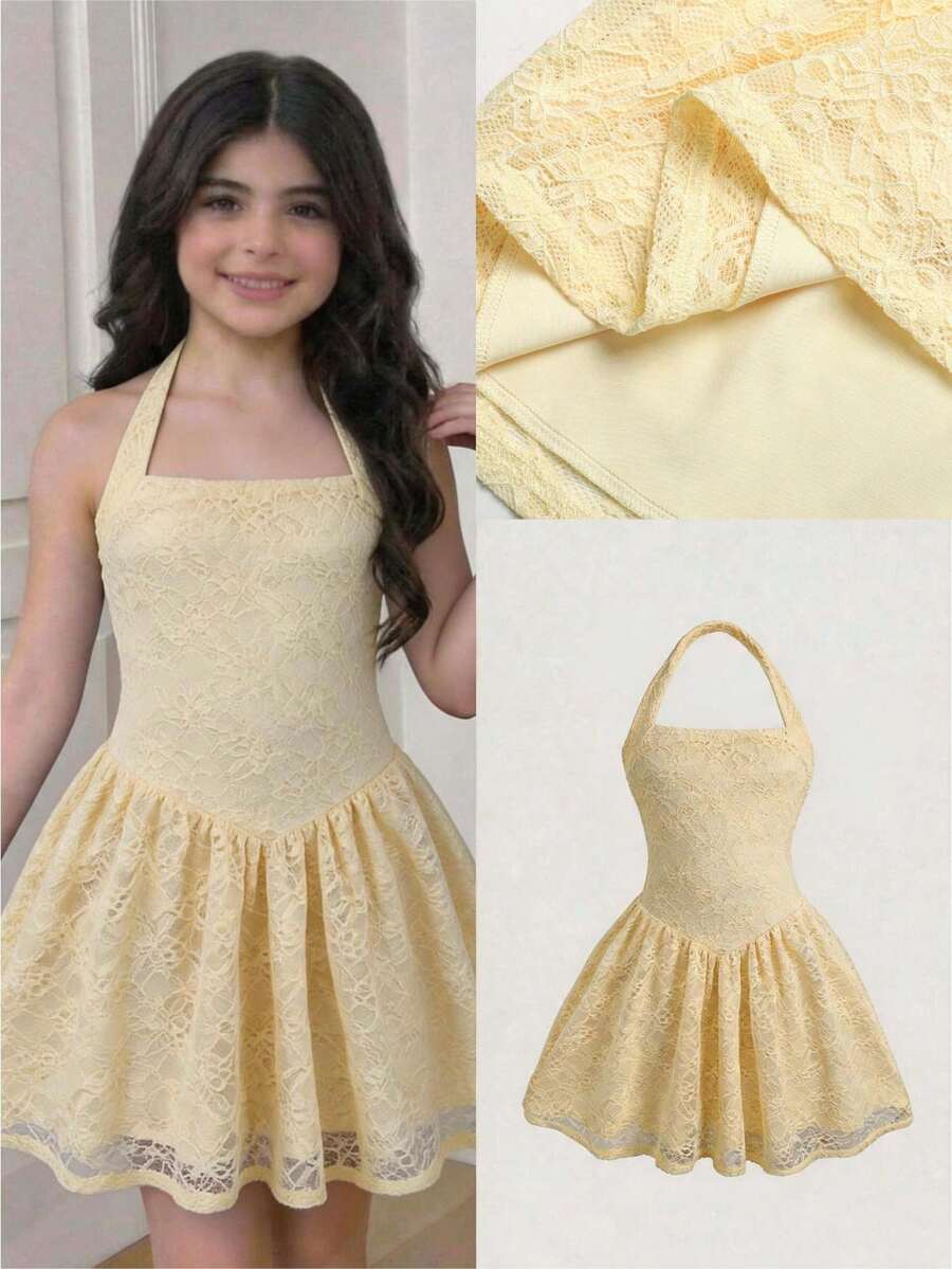 Tween girl wearing a black and white polka dot tiered cami dress with shoulder straps, a high waist, and a ruffle layered hem.