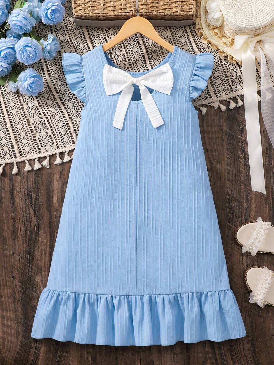 Tween girls apricot vacation midi dress featuring a round neck, cut out details, ruffle flounce accents, and geometric pattern.