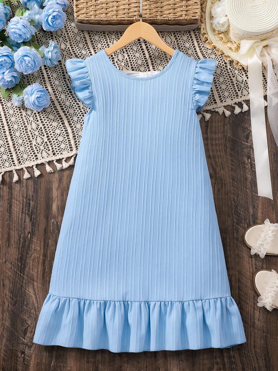 Tween girls apricot vacation midi dress featuring a round neck, cut out details, ruffle flounce accents, and geometric pattern.