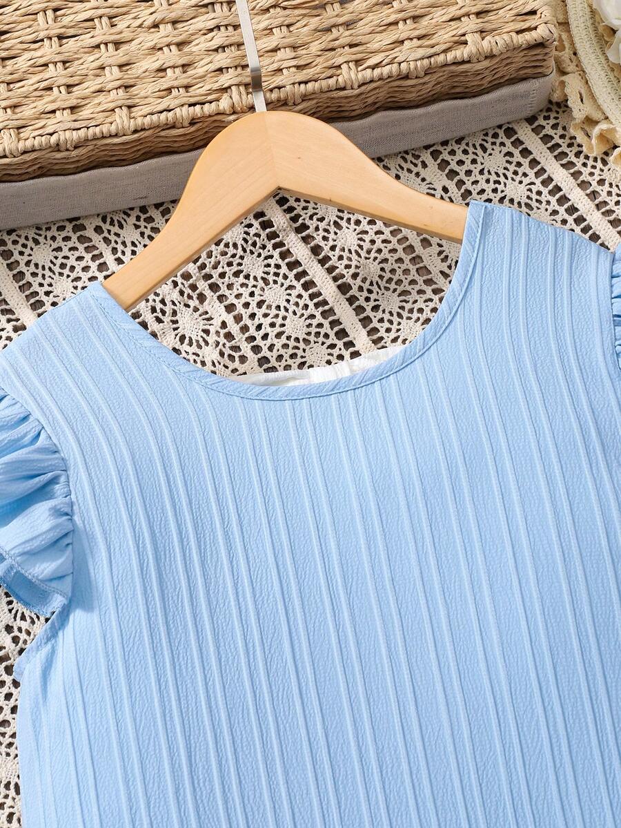 Tween girls apricot vacation midi dress featuring a round neck, cut out details, ruffle flounce accents, and geometric pattern.