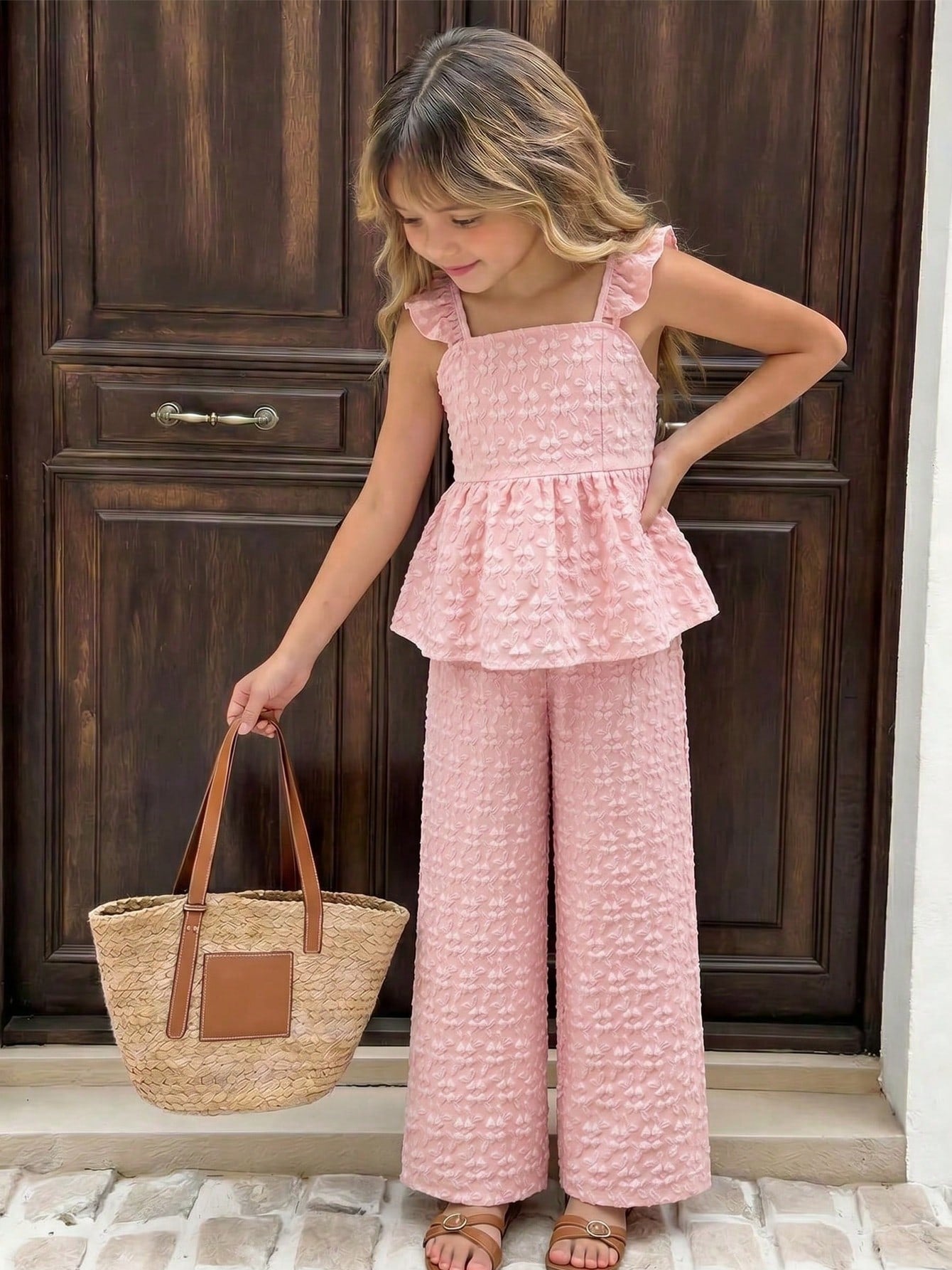 Tween girl wearing an apricot 2-piece outfit set featuring a shirred spaghetti strap short cami top and matching wide-leg long pants.